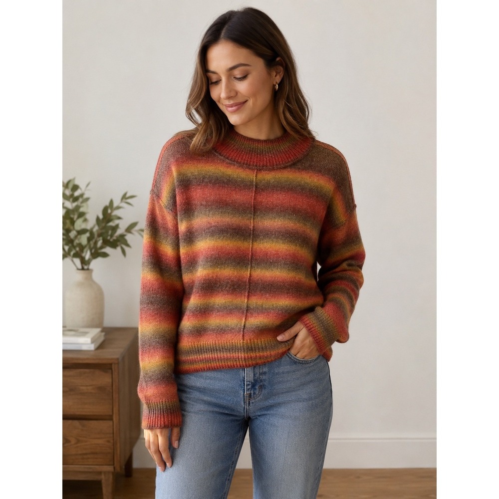 Beach Lunch Lounge Sweater Womens Medium Orange Striped Autumn Winter‎ Cozy